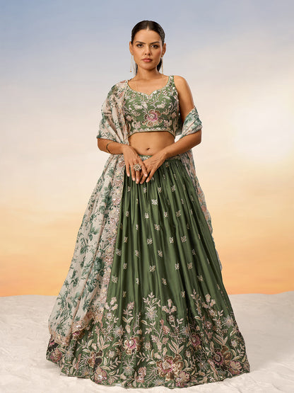 Women Olive Satin silk Sequins embroidery Semi-Stitched Lehenga choli & Dupatta