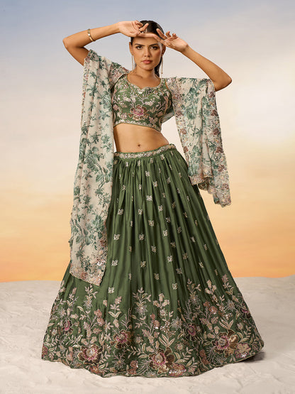 Women Olive Satin silk Sequins embroidery Semi-Stitched Lehenga choli & Dupatta