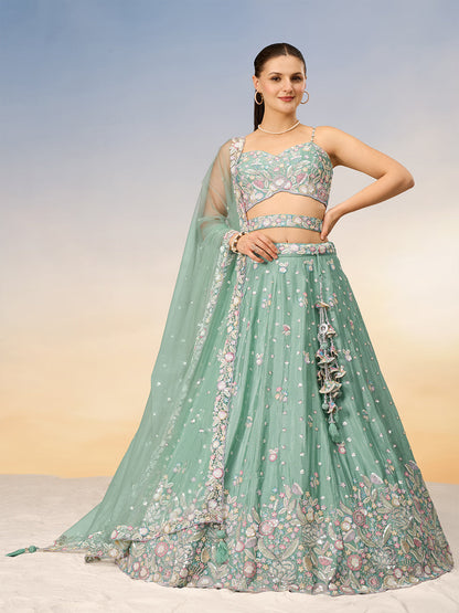 Women Sea green Chiffon Sequins and thread embroidery Semi-Stitched Lehenga choli & Dupatta