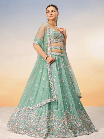 Women Sea green Chiffon Sequins and thread embroidery Semi-Stitched Lehenga choli & Dupatta