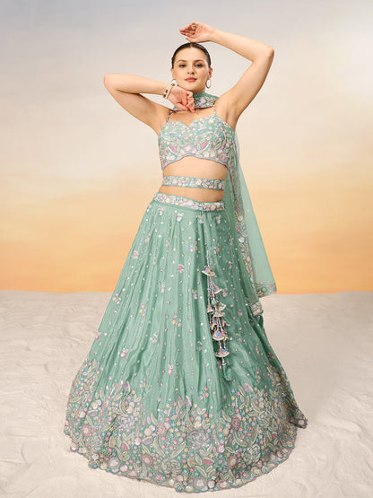 Women Sea green Chiffon Sequins and thread embroidery Semi-Stitched Lehenga choli & Dupatta