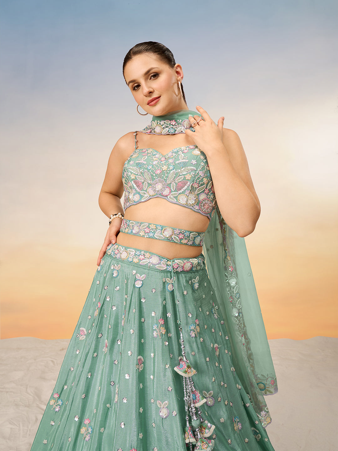 Women Sea green Chiffon Sequins and thread embroidery Semi-Stitched Lehenga choli & Dupatta