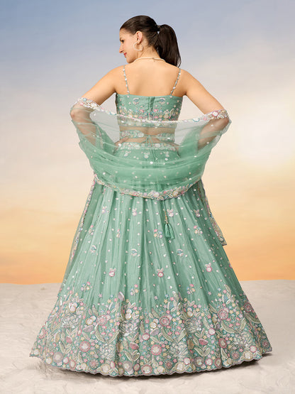 Women Sea green Chiffon Sequins and thread embroidery Semi-Stitched Lehenga choli & Dupatta