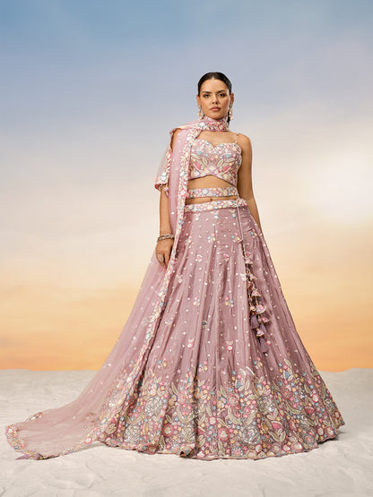 Women Rose gold Chiffon Sequins and thread embroidery Semi-Stitched Lehenga choli & Dupatta