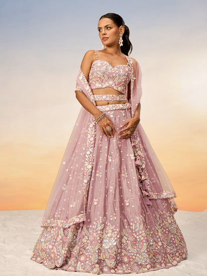 Women Rose gold Chiffon Sequins and thread embroidery Semi-Stitched Lehenga choli & Dupatta