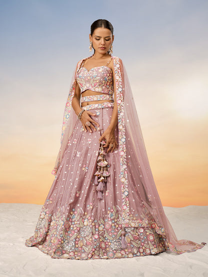 Women Rose gold Chiffon Sequins and thread embroidery Semi-Stitched Lehenga choli & Dupatta