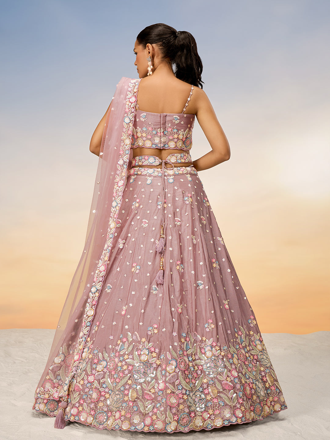 Women Rose gold Chiffon Sequins and thread embroidery Semi-Stitched Lehenga choli & Dupatta