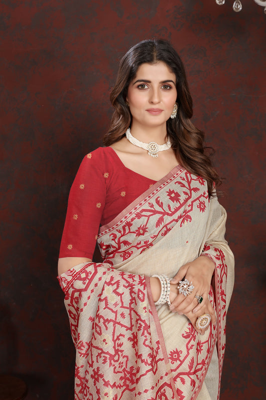 Dhiyona GR Women's Panghat Cherry Red Pure Mul Cotton Jamdani Saree