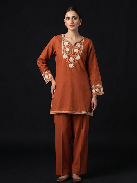 AutumnLane Parul Cadmium Embroidery Cotton Farshi Set