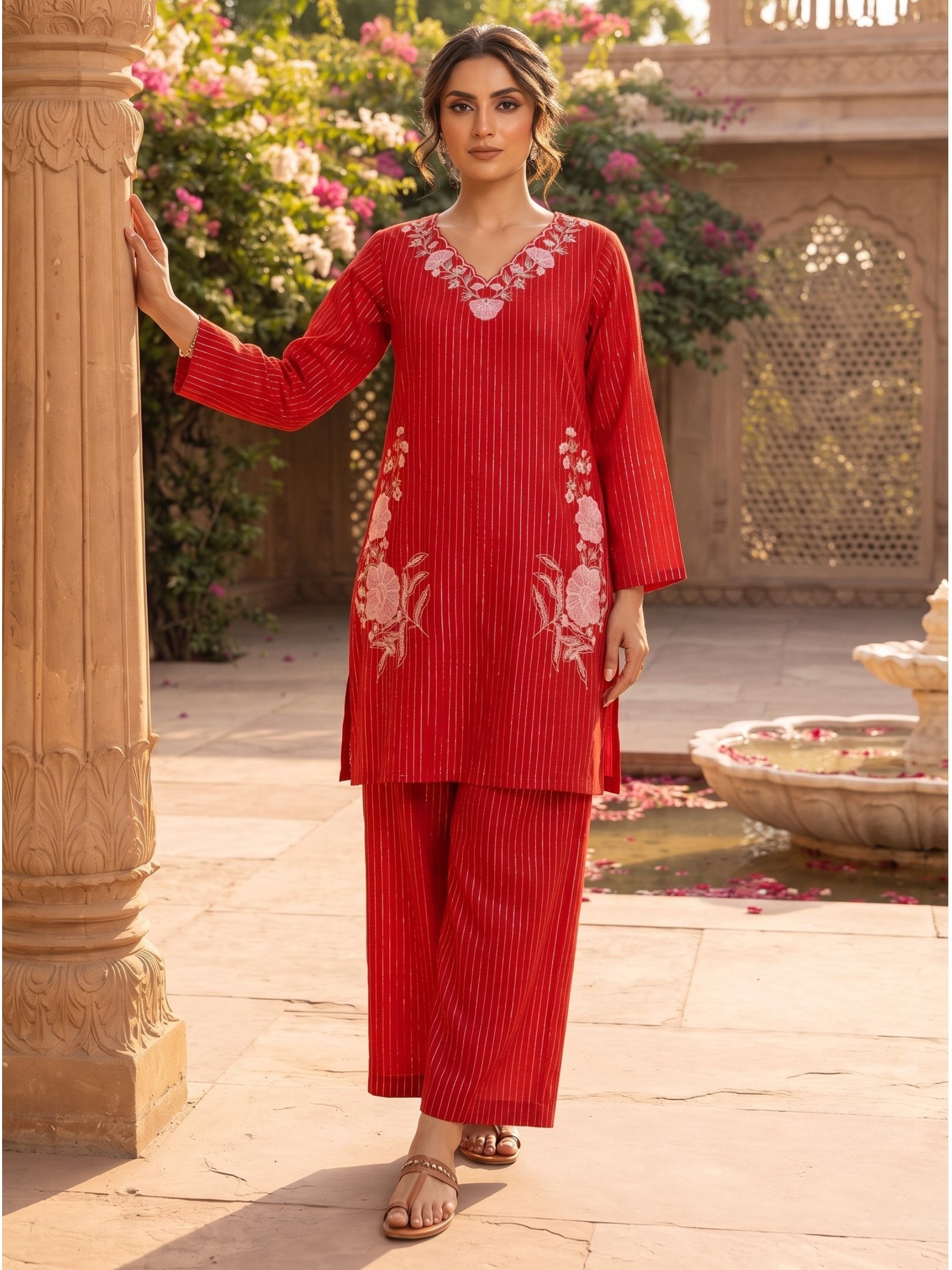 Parul Scarlet Embroidery Cotton Farshi Co-Ords Set