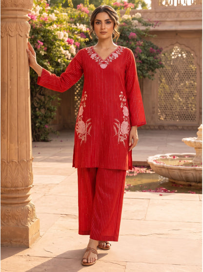 Parul Scarlet Embroidery Cotton Farshi Co-Ords Set