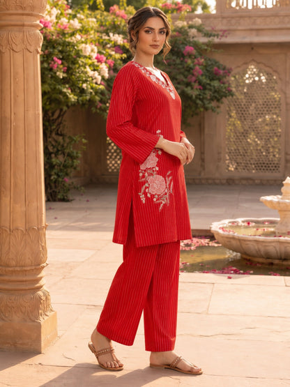 Parul Scarlet Embroidery Cotton Farshi Co-Ords Set