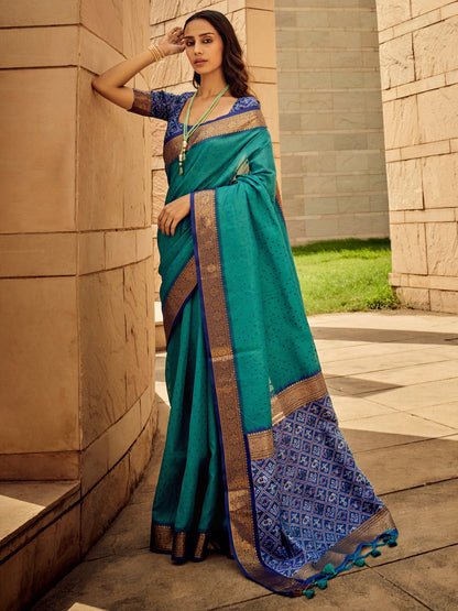 Women's Silk Blend Light Blue Woven Design Designer Saree With Blouse Piece