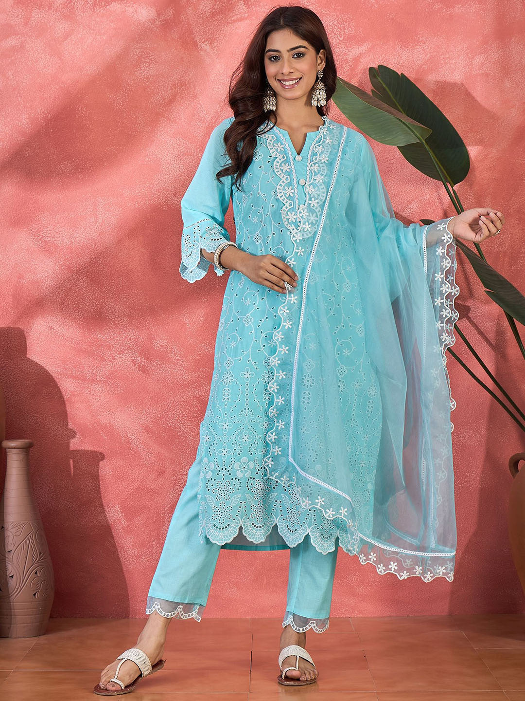 Dhiyona SN Floral Embroidered Printed Pure Cotton Kurta With Trousers & Dupatta