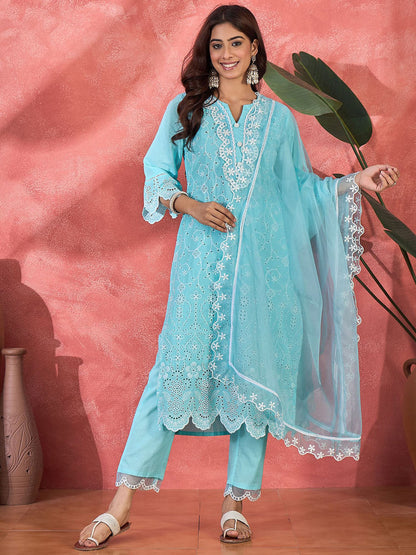 Floral Embroidered Printed Pure Cotton Kurta With Trousers & Dupatta
