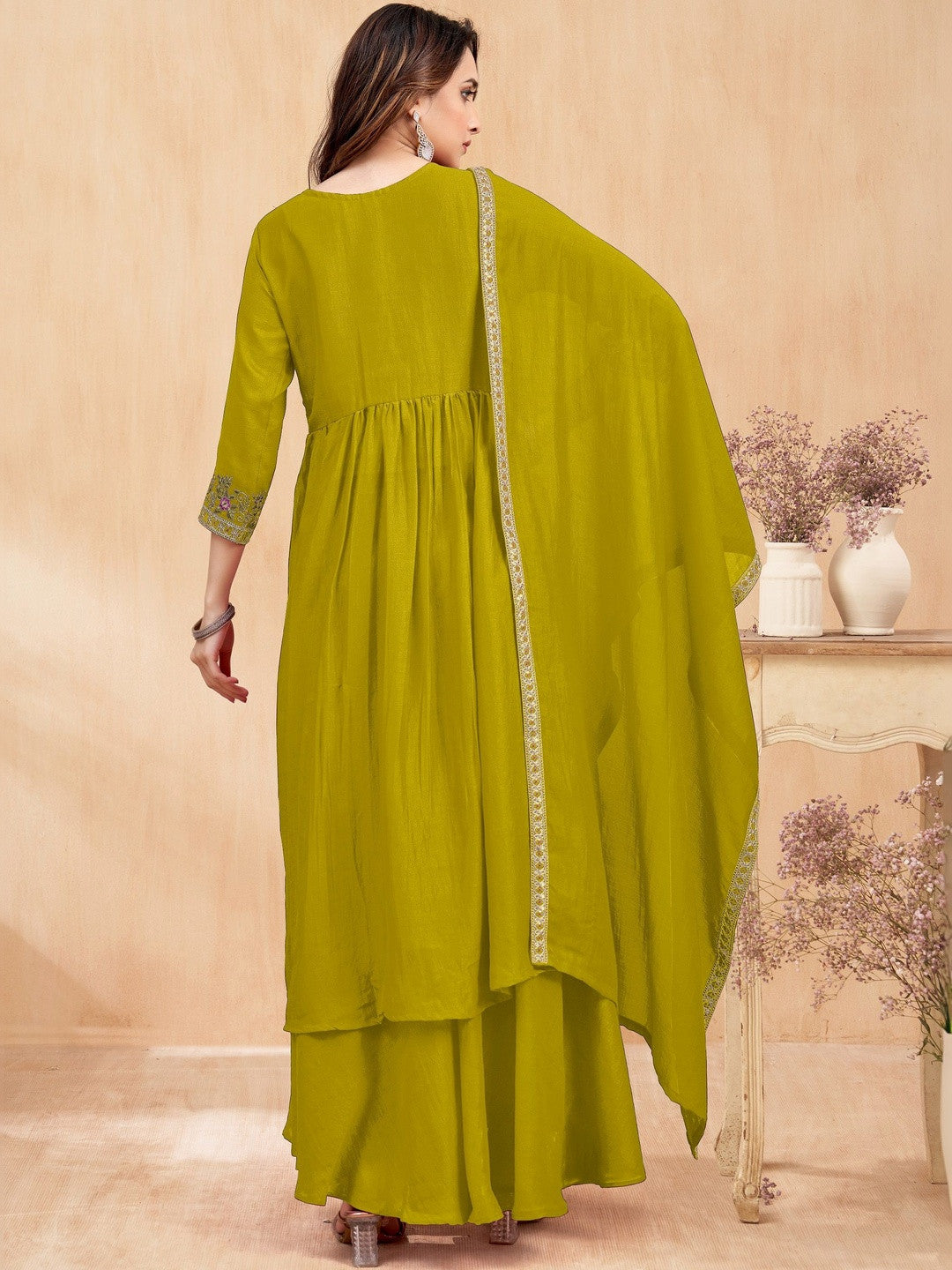 Embroidered V-Neck Kurta & Palazzos With Dupatta