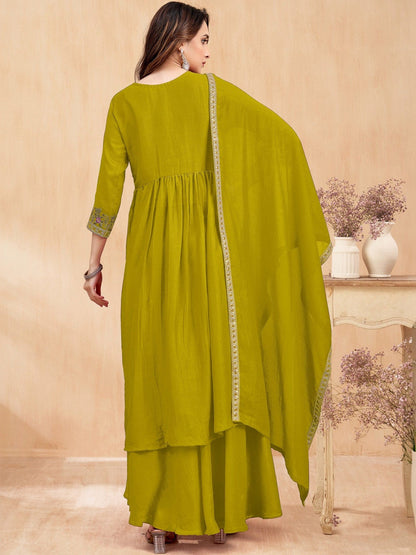 Embroidered V-Neck Kurta & Palazzos With Dupatta