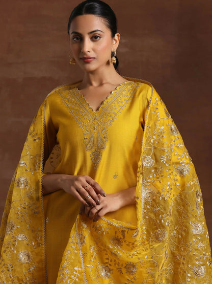 Women's LB Mustard Embroidered Silk Blend Straight Suit With Dupatta