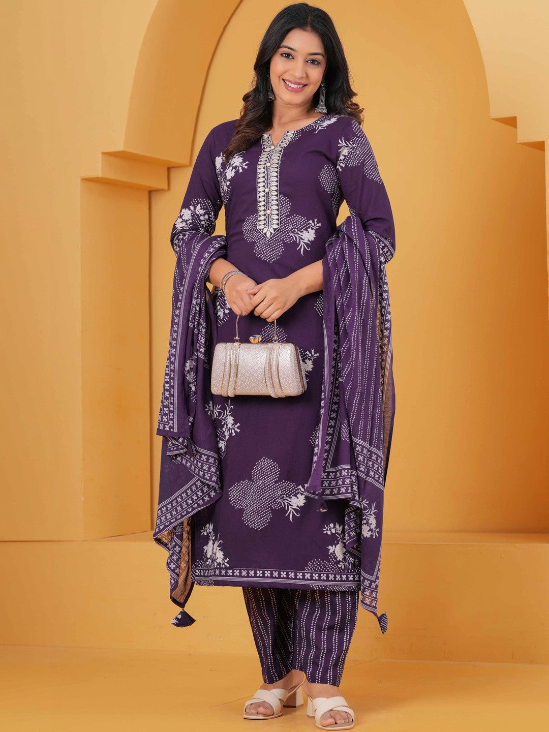 Printed Pure Cotton Round Neck Kurta & Trousers With Dupatta