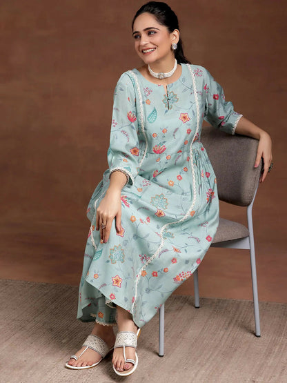 Women's LB Blue Printed Silk Blend A-Line Kurta With Trousers