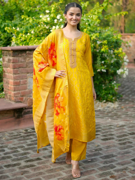 Women's LB Mustard Woven Design Silk Blend Straight Suit With Dupatta