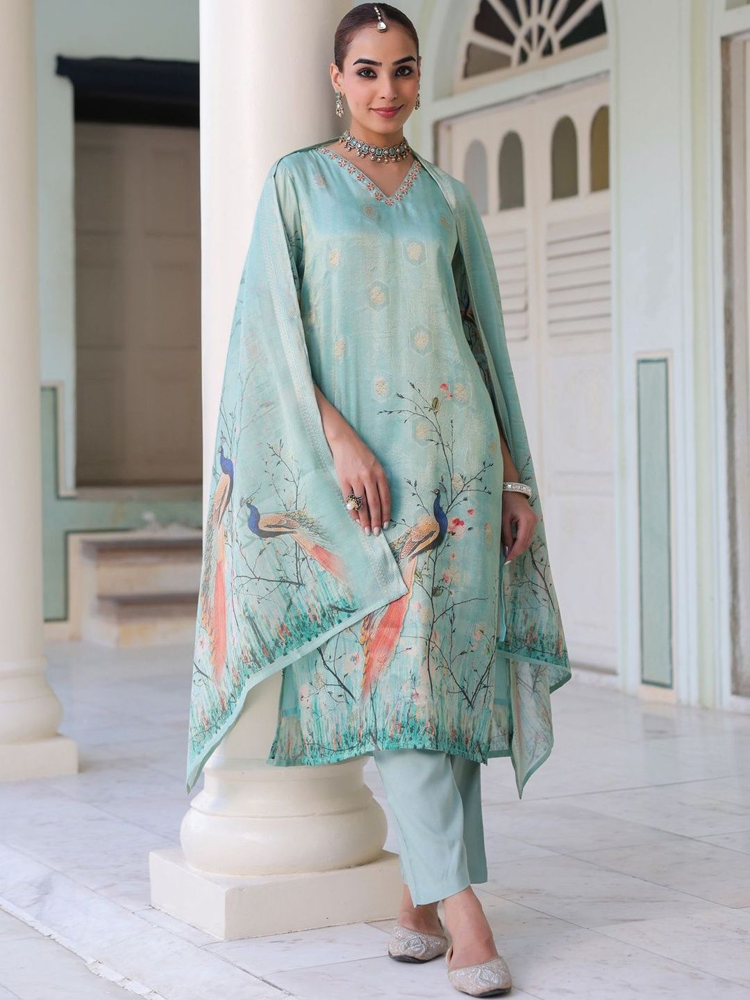 Dhiyona RR Women's Ethnic Motifs Printed Zari Chanderi Cotton Kurta With Trousers & Dupatta