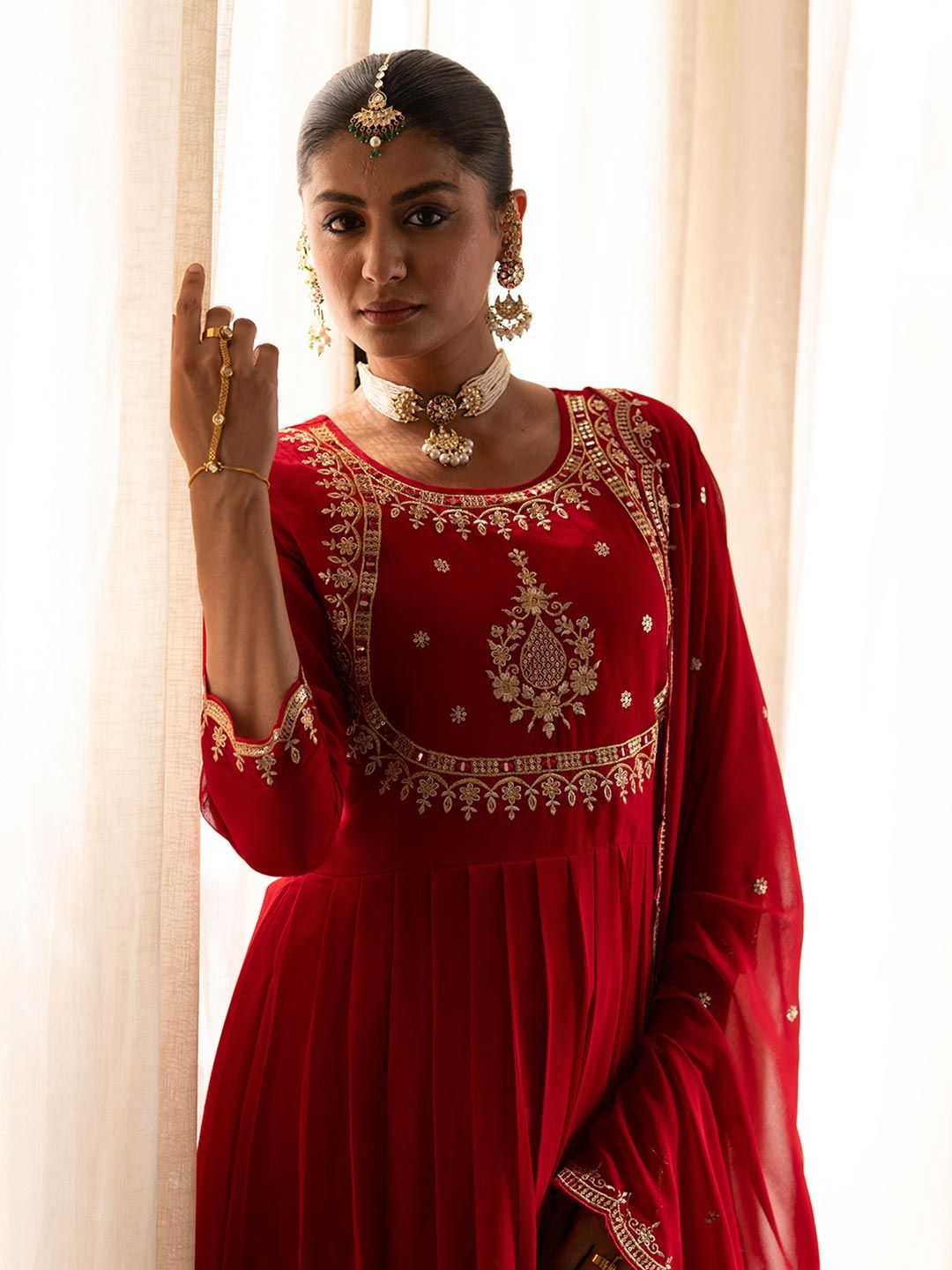 Dhiyona CH Women Floral Embroidered Pleated Mirror Work Kurta with Trousers & Dupatta