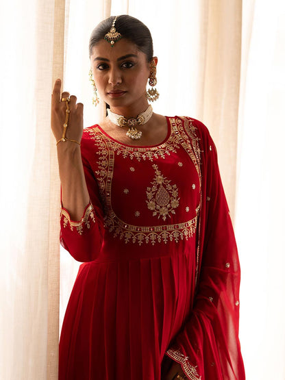 Dhiyona CH Women Floral Embroidered Pleated Mirror Work Kurta with Trousers & Dupatta