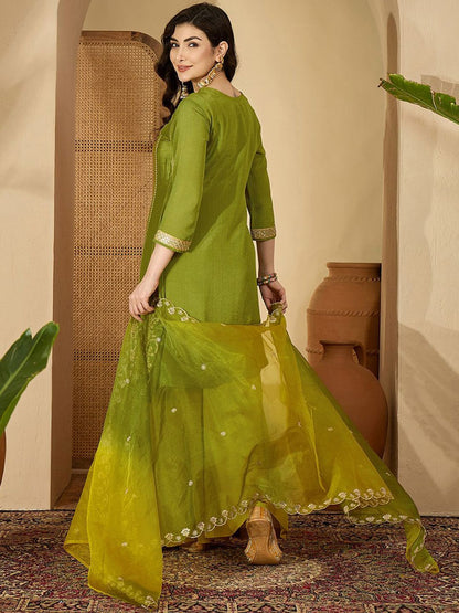 Dhiyona SN Floral Embroidered Round Neck Zari Kurta With Palazzos & Dupatta
