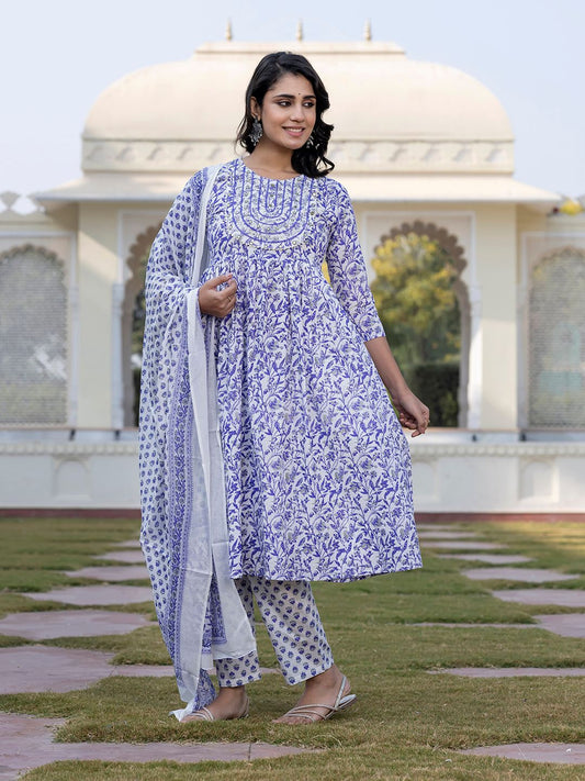 Dhiyona KL Women Floral Embroidered Regular Pure Cotton Kurta with Trousers & With Dupatta