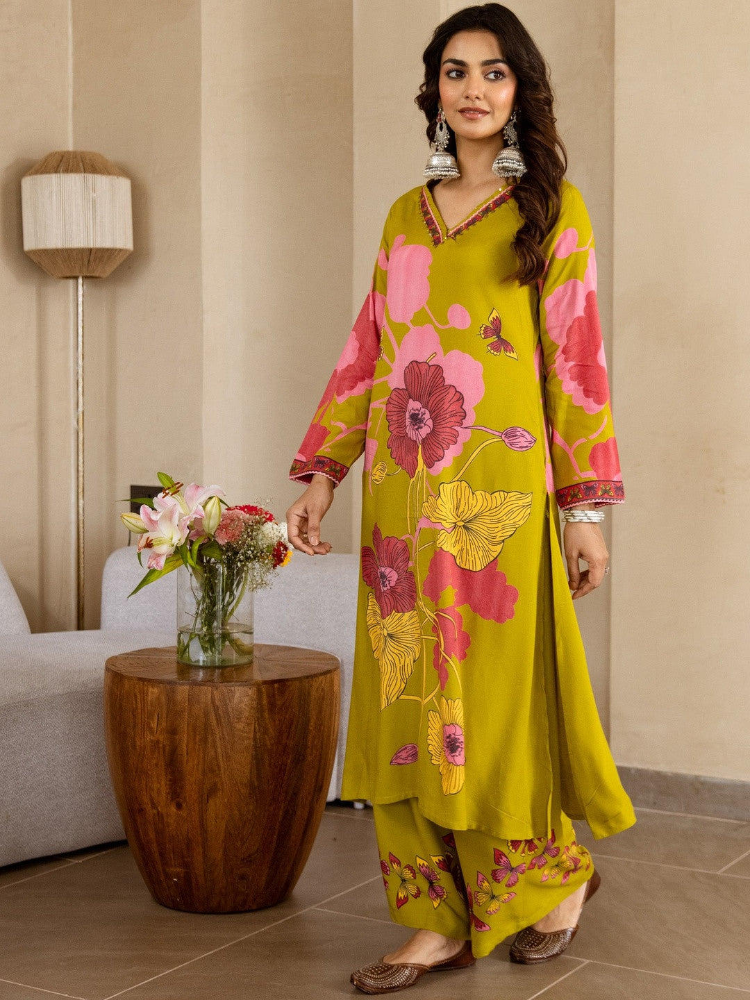 Floral Printed V-Neck Sequinned A-Line Kurta With Palazzo