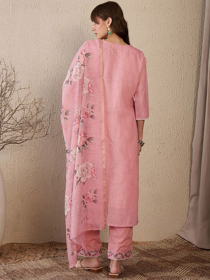 Women Floral Embroidered Regular Thread Work Linen Kurta with Trousers & With Dupatta