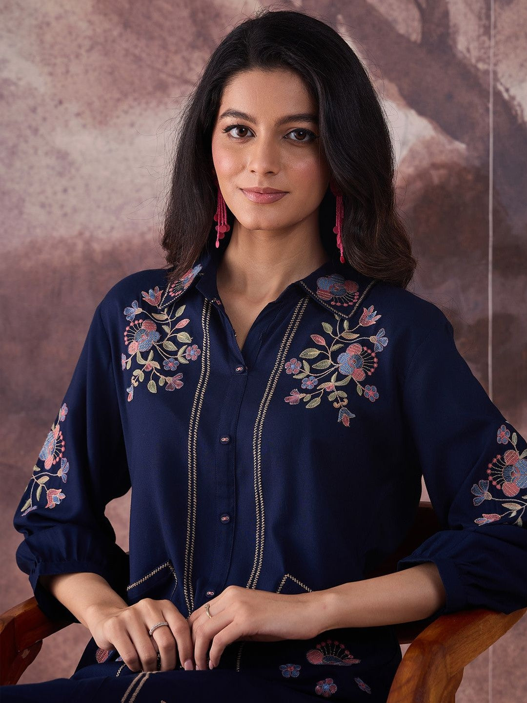 Floral Embroidered Thread Work Pure Cotton Kurta With Trousers