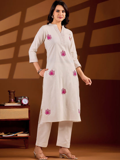 Women Floral Embroidered Regular Thread Work Pure Cotton Kurta with Trousers