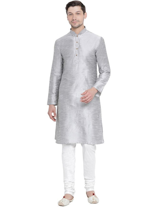 Men's Grey Silk Blend Straight Kurta Pyjama Set