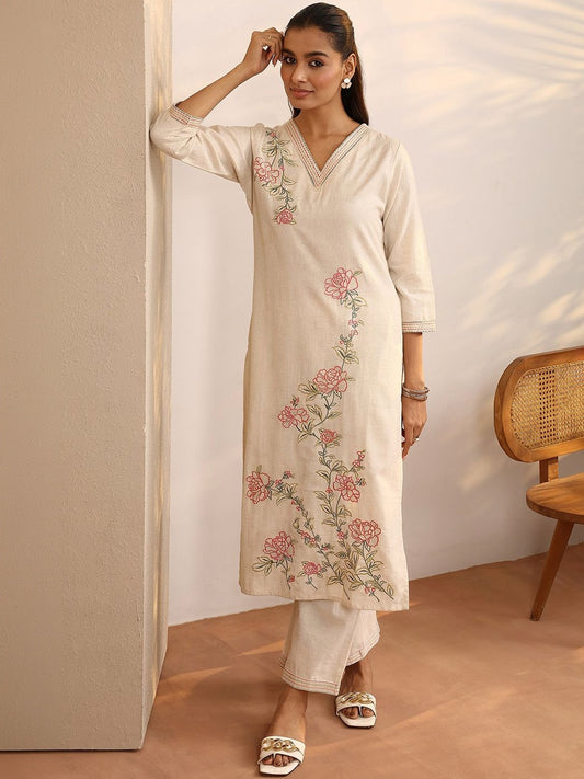 Off White Floral Embroidered Straight Kurta Set