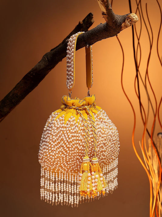 Dhiyona NR Droop Honey Yellow & Pearl Chevron Embellished Velvet Potli