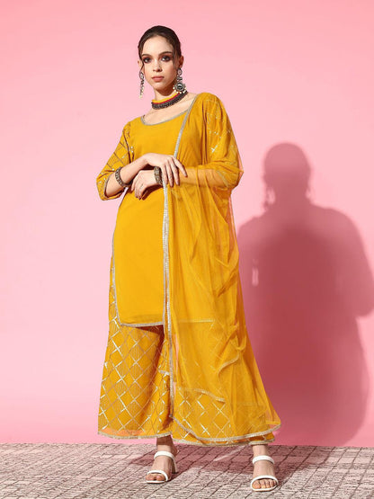 Women Regular Sequinned Kurta with Sharara & With Dupatta