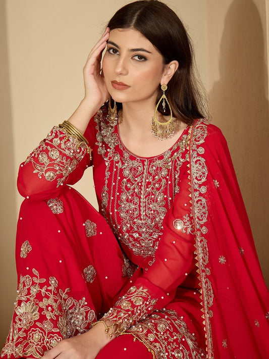 Dhiyona SN Red Faux Georgette Coding & Sequence With Pearl Work Kurta Sharara And Dupatta