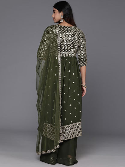 Dhiyona KL Floral Embroidered Pleated Sequinned A-Line Kurta With Palazzos & Dupatta