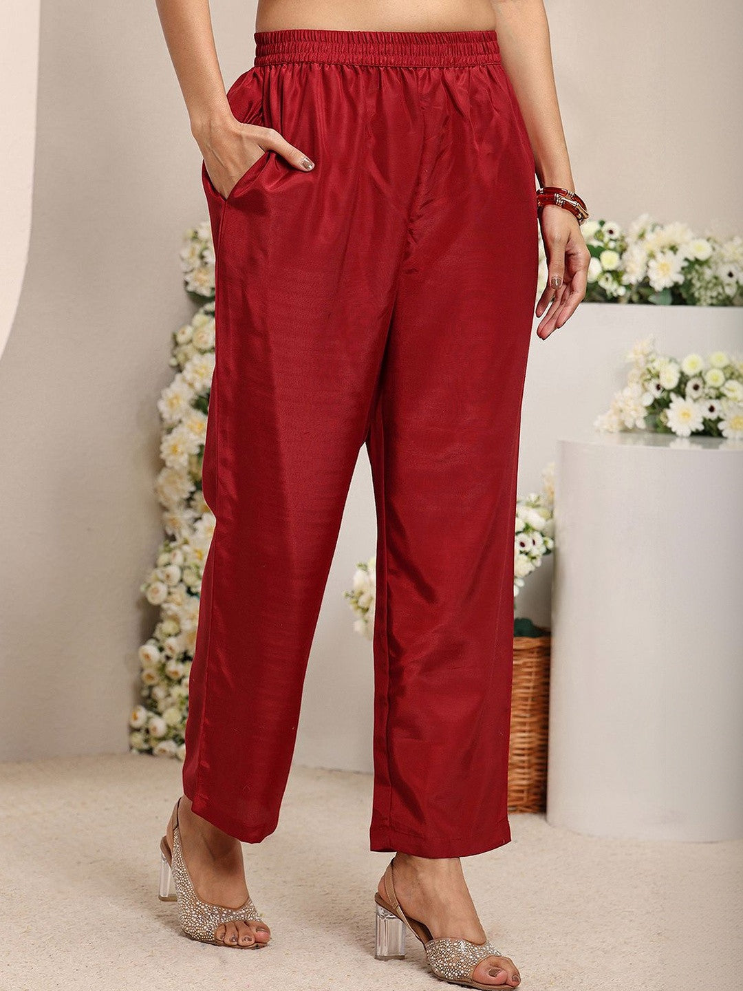 Maroon Ethnic Motifs Embroidered Straight Suit Set with Dupatta