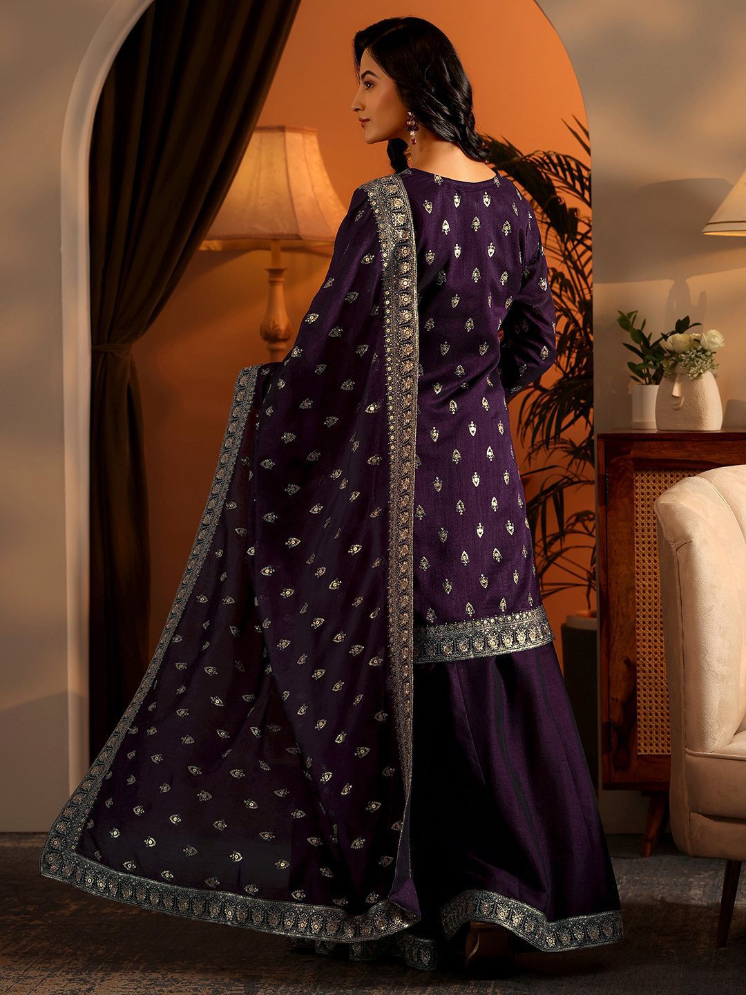 Dhiyona LL Ethnic Motifs Embroidered Sequnnied Straight Kurta With Sharara & Dupatta