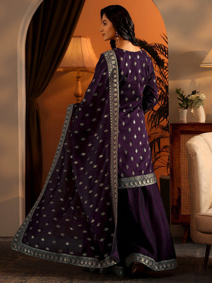 Dhiyona LL Ethnic Motifs Embroidered Sequnnied Straight Kurta With Sharara & Dupatta