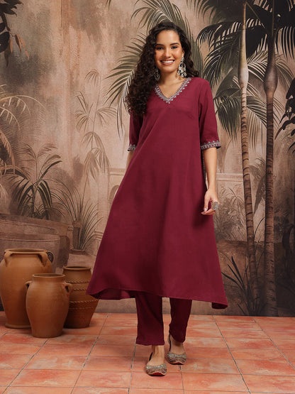 V-Neck Yoke Design A-Line Kurta with Trousers