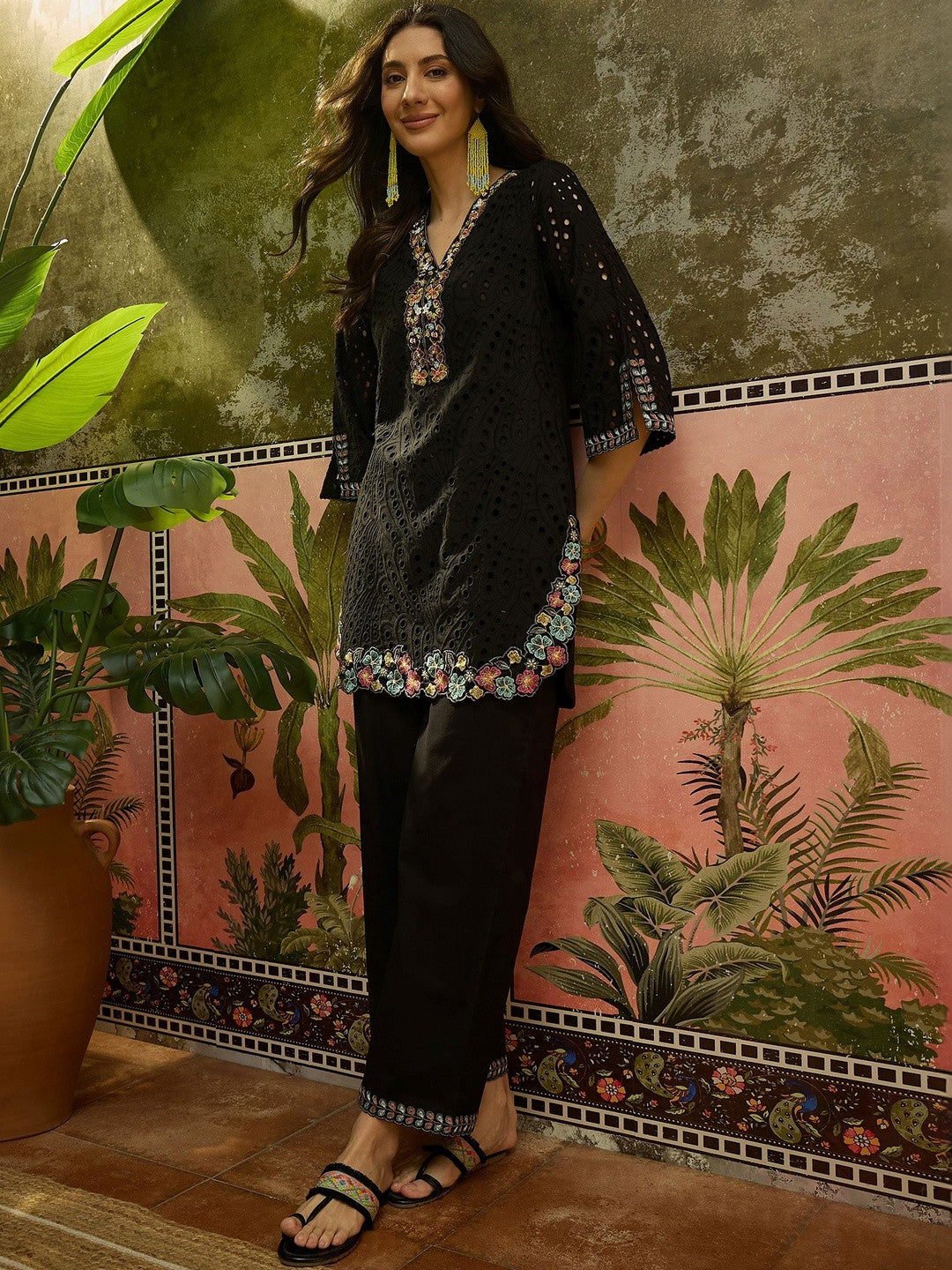 Embroidered Pure Cotton V-Neck Kurti & Trousers