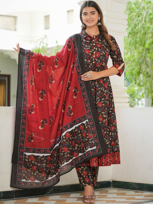 Dhiyona KL Floral Printed Pure Cotton Kurta With Trousers & Dupatta