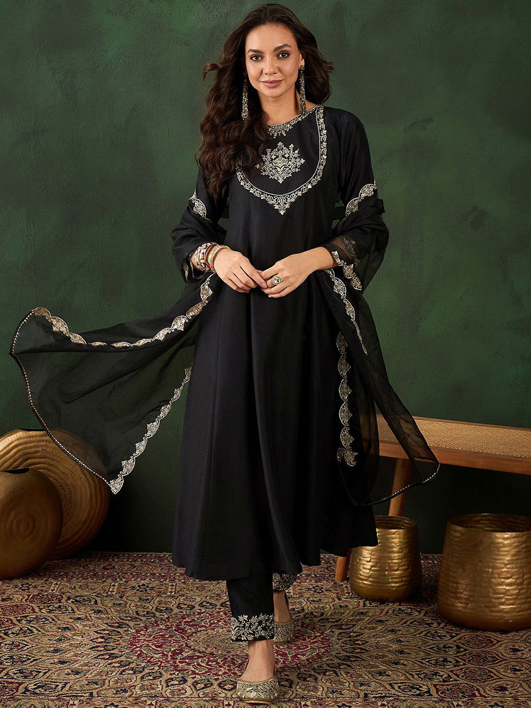 Black Floral Embroidered Round Neck Zari A-Line Kurta With Trouser & Dupatta