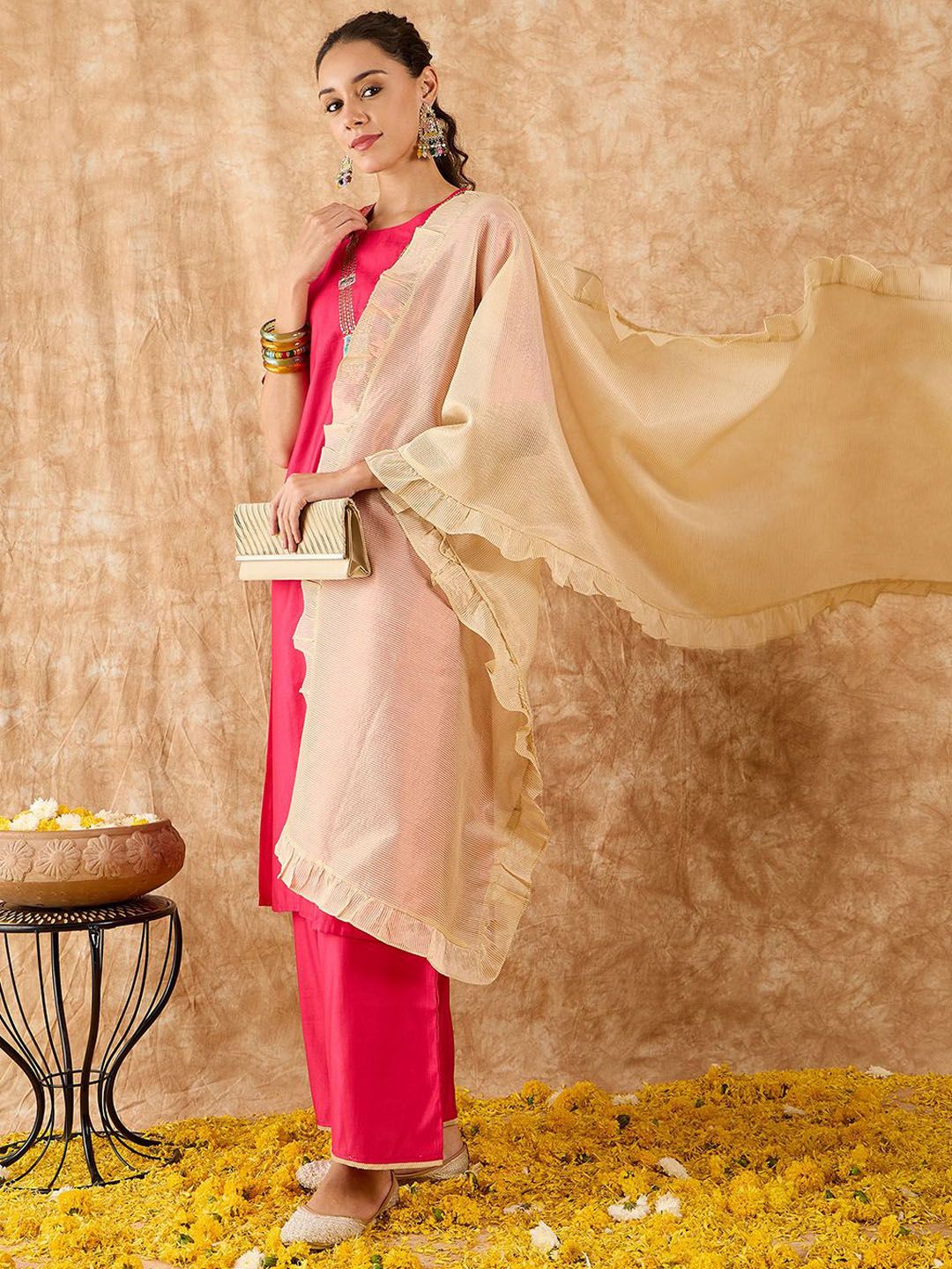 Dhiyona IE Ethnic Motifs Yoke Design Straight Thread Work Liva Kurta with Palazzos & Dupatta