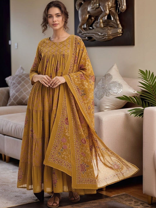 Dhiyona KL Women Ethnic Motifs Printed Tiered Kurta with Trousers & With Dupatta