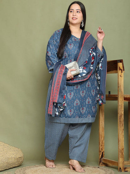 Dhiyona KL Women Plus Size Floral Printed Kurti with Salwar & Dupatta